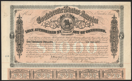 Act of February 17, 1864. $1000. Cr. 144C, B-327. No. 116. Fourth Series. As previous. Rose signature unlisted in Ball. Imprint 12 at bottom. Coupons complete (60). 468
stamped at left. Minor edge wear, folds, about VF+. F