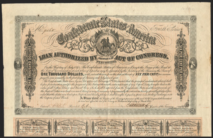 Act of February 17, 1864. $1000. Cr. 144C, B-327. No. 9163. Fourth Series. As previous. Signed by Apperson. Imprint 63 NS 13. Complete coupons (60). First coupon written over.
Edge wear and staining, light foxing, VF. From The Hol