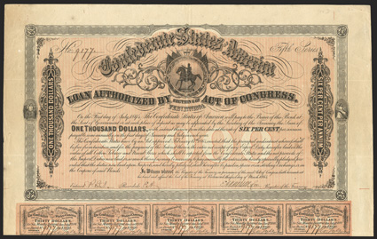 Act of February 17, 1864. $1000. Cr. 144D, B-329. No. 9177. Fifth Series. As previous. Signed by Apperson. Imprint 35 at bottom left. 58 coupons below. Fold wear, toned, VF.
From The Holger Dreher Collection