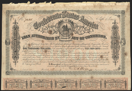 Act of February 17, 1864. $1000. Cr. 144E, B-330. No. 7435. Sixth Series. As previous. Signed by Rose. Imprint 36 and NS 69 at bottom. All coupons present below (60). Foxed,
with edge wear especially at top, soiling and toning, Fi