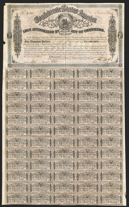 Act of February 17, 1864. $5000. Cr. 145, B-337. No. 200 out of 200! First Series. Only 200 issued. Very rare CSA Bond - this is the final serial number from this issue.
Signed by Tyler. J. Archer  Evans & Cogswell. All 60 coupons present. E