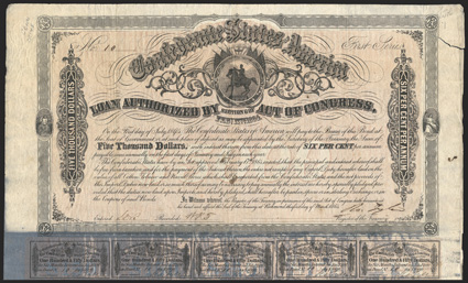Act of February 17, 1864. $5000. Cr. 145, B-337. No. 10. First Series. Similar to preceding. Signed by Tyler. 59 coupons below. Dark staining, mostly to coupons, from exposure
to flood waters in tropical storm Allison in 2001 while stored in