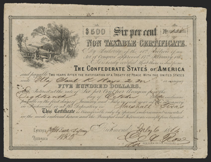 Act of February 17, 1864. $500 Cr. 153, B-365. Trans-Mississippi Bond No. 138. Ball lists the first 20,000 certificates as having the long transfer form on verso - type 364 -
but this has the short form, with no red overprint, and is issued July