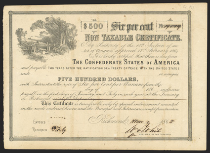 Act of February 17, 1864. $500. Cr. 153, B-364. No. 19579. As previous. Signed by White. Long form on reverse. Or at the Depository in crossed through in pen. Uneven toning,
edge wear, soiling, about VF. From The Holger Dreher Col