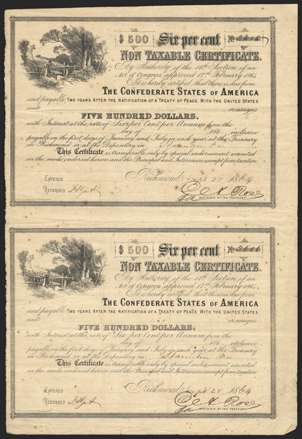Act of February 17, 1864. $500. Cr. 153, B-364. Nos. 2605-06. Double Sheet. Uncut pair. Rural scene with man at turnstile. No issuee or issue date. Signed by Rose. Long
transfer form on reverse. Edge wear, foxed, toned, VF. From The Hol