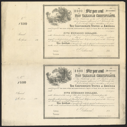 Act of February 17, 1864. $500. Cr. 153, B-364. Uncut Pair plus Single. Unissued. [3] Rural scene with man at turnstile. Unsigned. With stubs at left and long transfer form on
both backs. Also include is a single Cr. 153, B-364 single. Also uni