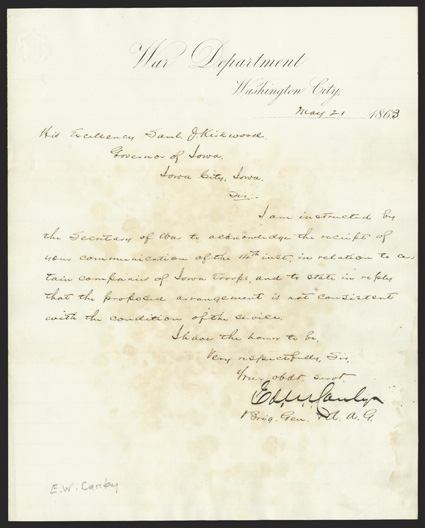 Iowa Volunteers: ERS Canby American soldier (1817-73) after serving with honor in the Mexican-American War, commanded the Department of New Mexico in the Civil War, forcing
Confederate troops to retreat to Texas commanded New York after the Dra