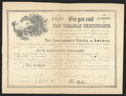 Act of February 17, 1864. $500. Cr. X-153, B-C364. No. 63720. Rural scene with man at turnstile. No transfer form on reverse. Heavy paper, with weakness to upper right corner.
Poorly forged Tyler signature (legitimate examples were signed by Ro