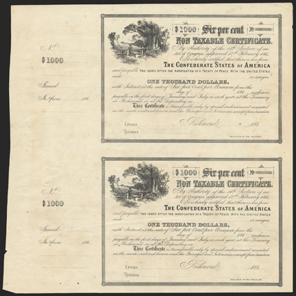 Act of February 17, 1864. $1000. Cr. 154, like B-366. Unissued. Rural scene with man at turnstile. Uncut pair of unissued bonds. No transfer form on verso. Lightly toned and
foxed, tiny chips at left edge, a strong VF.