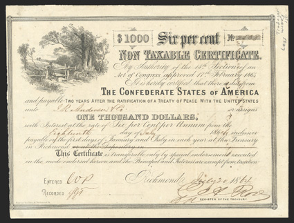 Act of February 17, 1864. $1000 Cr. 154, B-367. No. 2538.  Man at turnstile upper left, signed Rose, left edge trimmed into border, toned, minor foxing, VF.