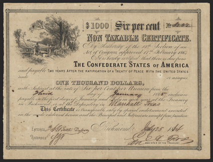 Act of February 17, 1864. $1000. Cr. 154, B-367. Trans-Mississippi Bond. No. 3232. As previous. Issued from Marshall, TX. Entered by H.G.J. Battle. Signed by Rose. Short
transfer form on verso. Unevenly toned, spotting, minor ink erosion,