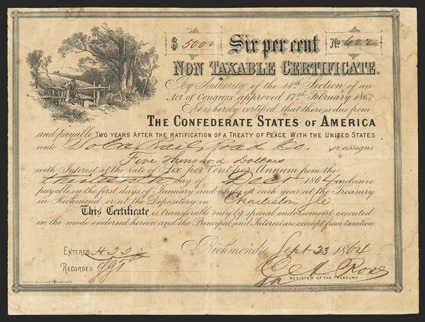 Act of February 17, 1864. $5000. Cr. 155, B-369. No. 622. As previous, but for handwritten denomination. Signed by Rose. Short transfer form on verso. Mode of Assignment
Changed red overprint on verso. Charleston depository. Fold wear, we
