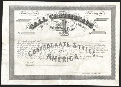 Act of February 17, 1864. $____. Cr. 160, B-355. Unissued. Incomplete remainder. Call Certificate. Large 4 at center. Unsigned and unnumbered. Evans & Cogswell. Toned, but
about VF+.