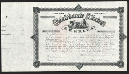 Act of February 17, 1864. $____. Cr. 161, B-342. No serial number. Remainder. Vignette of farmer plowing with two horses, sailboat on river in background. Transfer form in red
on reverse. Unissued and unsigned. Blank stub at left. Very light