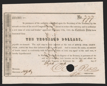 Act of February 17, 1864. $10,000. Cr. 162F, B-349. No. 777. As previous, except denomination. Signed by Rose. Hole cancel through signature. Light spotting, VF+. From The
Holger Dreher Collection