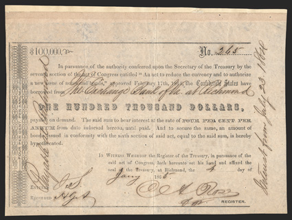 Act of February 17, 1864. $100,000. Cr. 162I, B-352353. No. 265. As previous, except for denomination. Denomination size listed as 353 in Ball, but he lists that as only using
even numbers he has 352 listed with even numbers, but with a small