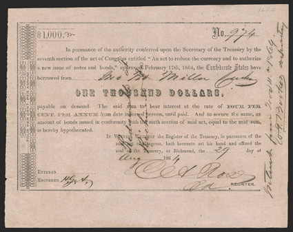 Act of February 17, 1864. $1000. Cr. 162B, B-345. No. 974. As previous. Signed by Rose. Redeemable at Richmondwritten across face. Toned, light edge wear with some nicks along
left edge, but a sharp VF. From The Holger Dreher Coll