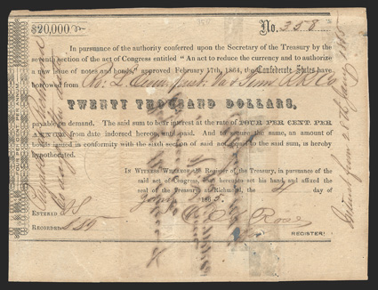 Act of February 17, 1864. $20,000. Cr. 162G, B-350. No. 358. Similar to previous. Signed by Rose. Show-through and ink erosion from writing on verso repaired on verso with
tape toned, edge wear, a very strong Fine. From The Holger Dr