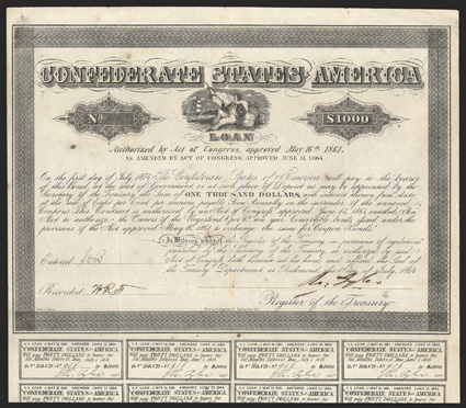 Act of June 13, 1864. $1000. Cr. 165, B-384. No. 916. As previous. Signed by Tyler. 19 coupons below. Engravers name Bryce. Bondholders Committee stamp on verso. Some foxing,
fold wear, overall toning, VF. From The Holger Dreher