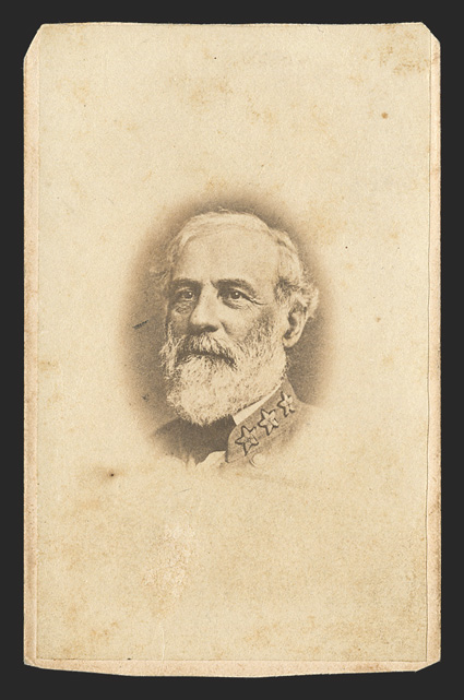 [Lee, Robert E.] Desirable carte-de-visite Photograph of Lee in uniform, a vignetted bust pose, ca. 1864, from an unretouched negative, photographer unidentified. Identified in
print as General R.E. Lee, C.S.A. on verso. Edges of mount tr
