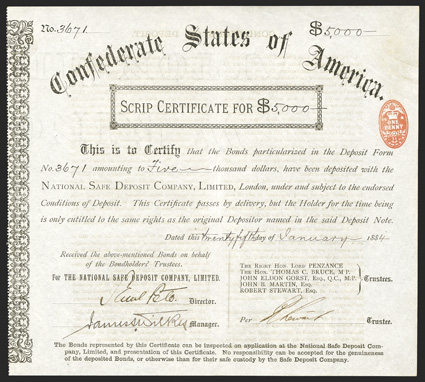 Scrip Certificate. $5000. Cr. 175, Ball Unlisted. No. 3671. Ornate left border, one penny stamp right. January 25, 1884. Fingerprint top left, else VF+. From The Holger Dreher
Collection
