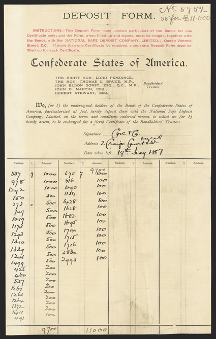 Deposit Form. Cr. 175B. No. 5752. Form listing 35 bonds for a total 11,000 pounds sterling, deposited at the National Safe Deposit Co Ltd, May 19, 1887. Typeset, instructions
printed at top in red. Soiled, toned, chip out along lower border r