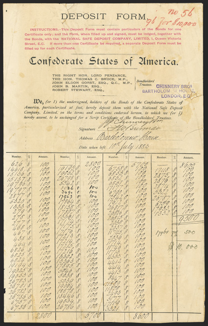 Deposit Form. Cr. 175B. No. 56. As previous. Lists 96 bonds for $10,000, July 10, 1883. Chinnery Bros. handstamp on face. Backed with another deposit form to fill holes and
edge splits, about Fine. From The Holger Dreher Collection