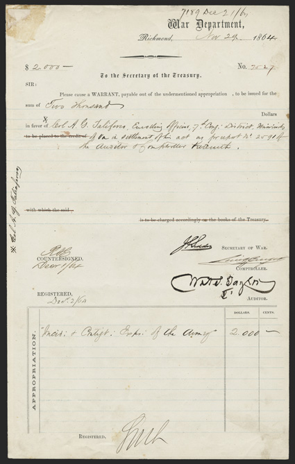 Seddon, James A. American politician (1815-80) served as Secretary of War for the Confederate States of America from late 1862 to the beginning of 1865 earlier, a US
Representative from Virginia. Scarce Document Signed J.A. Seddon as CS