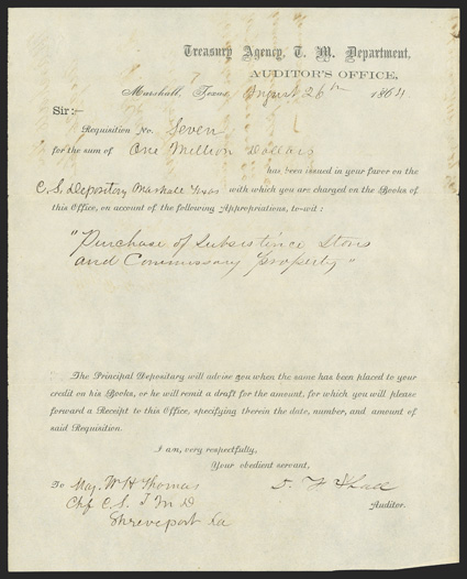 Trans-Mississippi: Texas Treasury Receipt Uncommon partly printed Document signed by auditor D.F. [Shall?], 1 page, 4to, on imprinted stationery of the Treasury Agency, T[rans]
M[ississippi] Department  Auditors Office, Marshall, Texas, ,