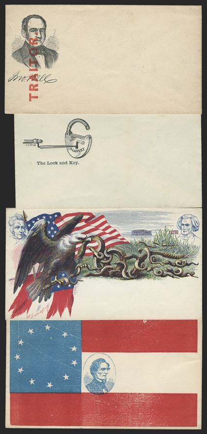 Union Patriotic Covers A nice selection of unused patriotic Postal Covers. Eighteen are Union covers, as follows: John Bell and John C. Breckenridge covers with TRAITOR printed
in red across their faces Jefferson Davis with a violin, stati