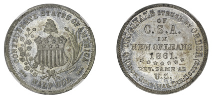 1861 (i.e. 1879) Confederate States of American Scott Token. NGC PR62. Breen-8003. White Metal. Mintage: 500. Obv: (Original Confederate Die Obverse) Confederate shield at
center with hat above and wreath surrounding. Rev: Around legends and at c