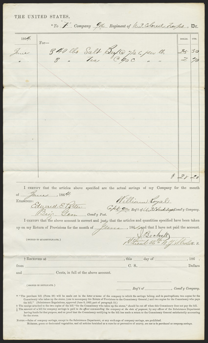 US Colored Troops: William Royal Archive A choice archive of 5 letters, 36 documents, and 6 collateral items concerning Capt. William Royal of the 9th US Colored Infantry,
beginning in 1863 and running through the regiments service occupying Ric
