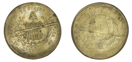 ND (i.e. 1879) J. W. Scott Uniface Brass Confederate Half Dollar Restrike. Uncirculated. Breen-8004. Brass - 4.4gms. Designer: A.H.M. Patterson. More than a decade and a half
after the striking of the original Confederate half dollars in 1861, Dr