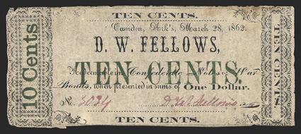 AR. Camden. D. W. Fellows. 10 Cents. March 28, 1862. (Rothert 95-1). No. 3034. Decorative End Panels with denominations at each end. Blue Ink. Green overprint of TEN CENTS at
center. Tissue-thin paper. FVF, small tear and stain