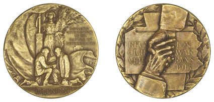 1913 Gettysburg Reunion 50th Anniversary Gold Medal. Gem Uncirculated. 38mm46.9gms. .627 AGW. By Whitehead & Hoag. Obv: Kneeling veterans clasping hands, Liberty with fasces and
olive branches behind with American flag as curtain to left and sma