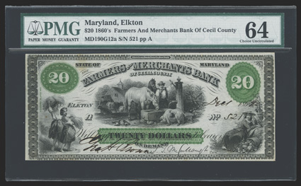 MD. Elkton. Farmers & Merchants Bank of Cecil County. $20. Dec. 1, 1862. (MD-190 G12a.) No. 521. A lovely ABN note that uses color beautifully. Man waters horses at trough,
pigs and chickens, center two young children carry wheat, lowe