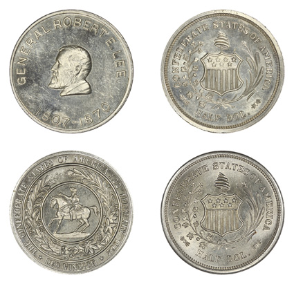 Trio of Confederate States Half Dollar Tokens. 1) ND (ca. 1947) Robert E. Lee Confederate Half Dollar Medal. Select Uncirculated. White Medal. Produced by C. Smith. 2) ND (ca.
1947) Confederate Seal Medal. Gem Uncirculated. White Medal. 3) 1861 (