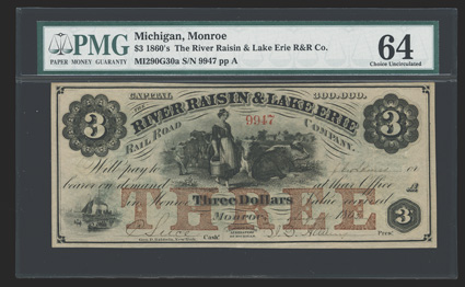 MI. Monroe. River Raisin & Lake Erie Rail Road Co. $3. August 1, 1863. (MI-290 G30a.) Red THREE overprint. Farm woman with milk pails, cows, top center. Small harbour scene at
the lower left. Three varying geometric lathework die counte
