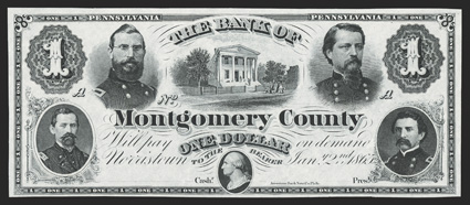 PA. Norristown. Bank of Montgomery County. $1. Jan. 2, 1865. (PA-365 G14). Remainder. An ABN note which features four Union Generals - Clemmer, Hancock, Schall and Hartranft -
of the Civil War surrounding a building, possibly the bank i