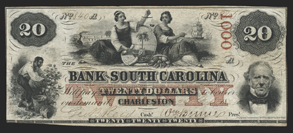 SC. Charleston. Bank of South Carolina. $20. Ca. 1857. (SC-30 G56a. Sheheen 381.) No. 840. Red 1000 overprinted on right written serial number and red TWENTY underneath title
center. Slave picking cotton, lower left. Two allegorical fem