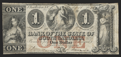 SC. Charleston. Bank of the State of South Carolina. $1. Sept. 14, 1861. (SC-45 G22b Sheheen 539). No. 123 . Red ONE overprint. Lovely vignettes featuring Liberty and shield,
top center young girl holding sheaf of wheat (possibly Pers