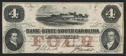 SC. Charleston. Bank of the State of South Carolina. $4. June 1, 1862. (SC-45 G42b Sheheen 563). Low Serial 14. Red FOUR overprint. Great denomination - Fort Moultrie, top
center Robert Hayne, left Langdon Cheves, right. Reverse four
