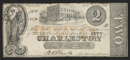 SC. Charleston. City of Charleston. $2. April 1862. (Sheheen 793). No. 2274. Roman woman standing in ornate 2 at left. Old Charleston City Hall at center. Red TWO overprint.
Imprint of Wm. Keenan, Charleston. VGF, with pinh