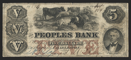 SC. Charleston. Peoples Bank. $5. May 4, 1854. (SC-20 G2a. Sheheen 299). No. 884886. Red FIVE overprint. Cattle, top Memminger, lower right. Imprint Baldwin, Adams & Co, New
York. Interesting serial number correction at top on both th