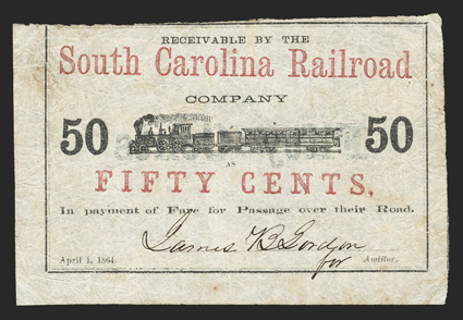 SC. [Charleston]. South Carolina Railroad. 50 Cents. April 1, 1864. (Sheheen-659). Train with passenger car. Red title and denomination. Reverse features blue FIFTY CENTS. This
is the only fractional denomination issued by the SC Ra