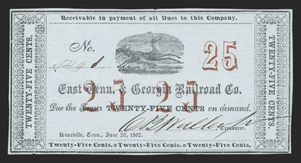 TN. Knoxville. East Tennessee and Georgia Railroad Co. 25 Cents. June 20, 1862. No. 4291. Garland 1376. Running or leaping deer at top center. Red overprint of 25 printed twice
at center, and again at right. EF, with two tiny ed