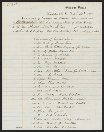 Fort Sumter: Edward Manigault and RS Ripley Chief of Ordnance for South Carolina and the Confederate lieutenant colonel who was Beauregards second in command at the Siege of Ft.
Sumter. Very important Autograph Document Signed Ed. Manigault 