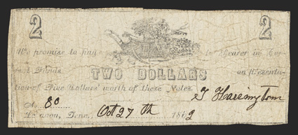 TN. Lebanon. T. Harrington Scrip. $2. Oct. 27, 1862. Garland Unlisted. No. 80. Farm implements and Wheat at top center. Harrington is listed as a businessman 1860s Lebanon, but
not during the 1870s. Very Good, paper separation beg