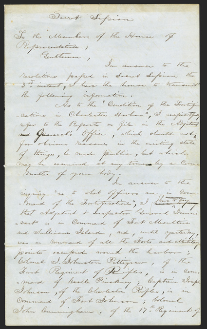 Fort Sumter: FW Pickens Important Manuscript Address by Gov. FW Pickens of South Carolina, 2 separate pages, legal folio, on blue paper, undated but based on internal evidence,
March 4, 1861. Headed Secret Session, it is addressed to