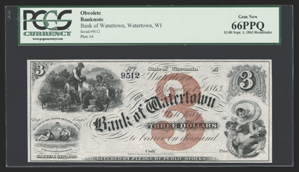 WI. Watertown. Bank of Watertown. $3. Sept. 1, 1863. (WI-825 G8b.) A third great TCC Wisconsin note with singular and large red denomination overprint, unlike the $1 and $2 on
the bank. At upper left, a man waters his horse in trough wh